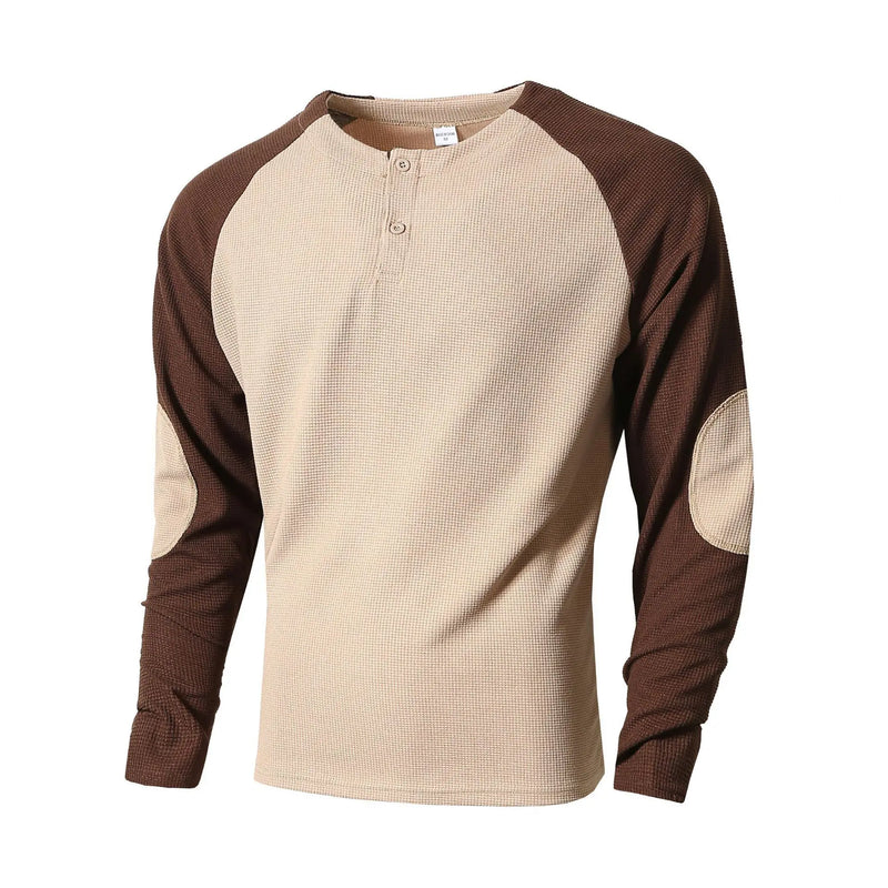 Men's Autumn Outdoor Breathable Long - Sleeve Round - Neck Waffle Knit Sweatshirt with Raglan Sleeve Splicing