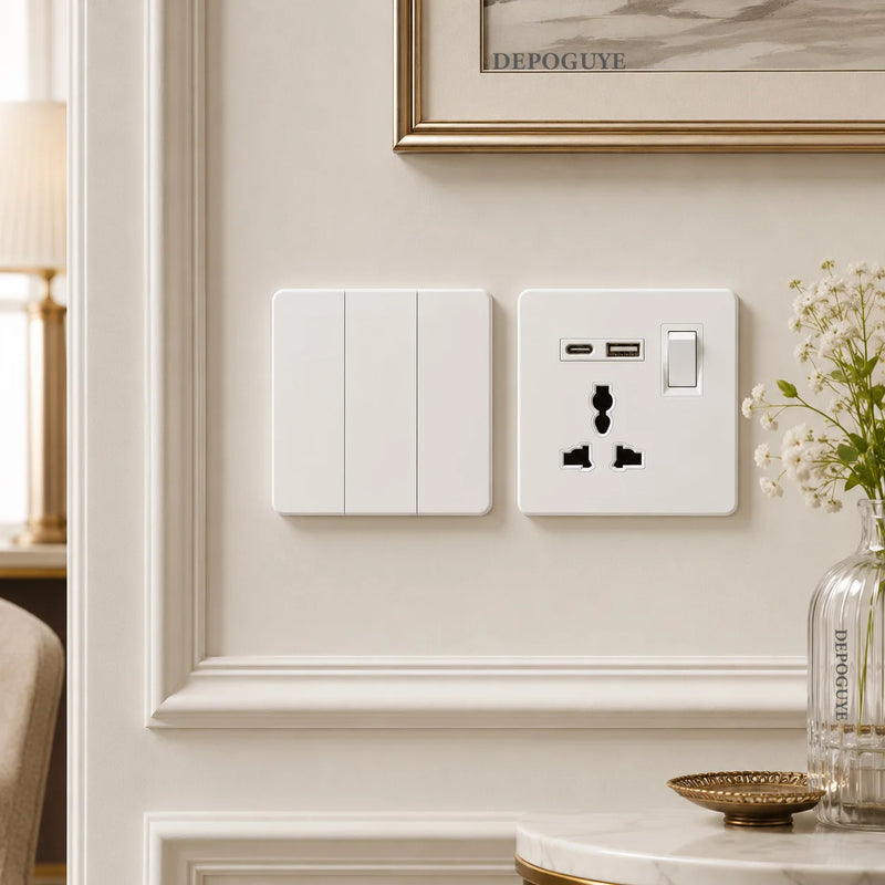 Luxury Skin Feeling Glass Wall Light Switch Button White UK Plug 13A Universal Wall 18W Type-C Fast Charging Socket