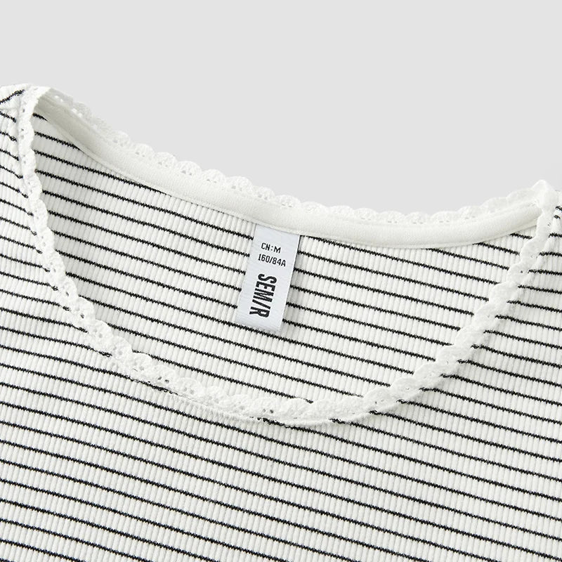 Semir Womens Tshirt 2026 Short Lace Crew Neck Slim Striped Elegant Gentle Casual Soft
