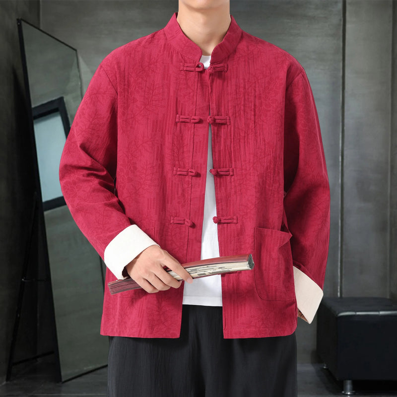 Retro-style Men's Black Long-sleeve Jacket with Chinese Dragon Motif, Single-breasted Stand-up Collar Coat.pink,Red,Apricot Top.