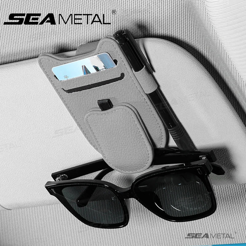 SEAMETAL PU Car Sunglasses Holder Multifunction Magnetic Auto Sun Visor Glasses Clip Ticket Card Organizer for Car Accessories