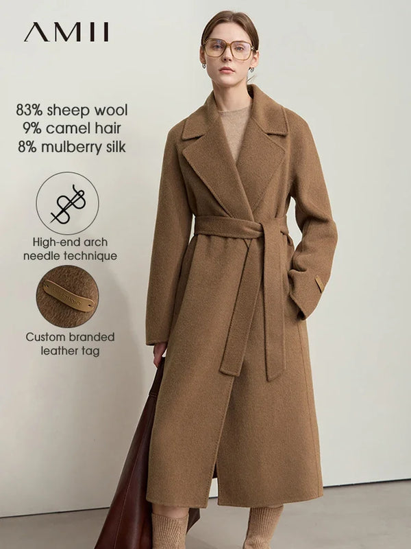 អាវក្រៅ AMII Minimalism Lapel Collar Sleeve Raglan សម្រាប់ស្ត្រី រោមចៀម Camel Cashmere អាវក្រៅពីរជាន់ រដូវរងា 2026 12444219
