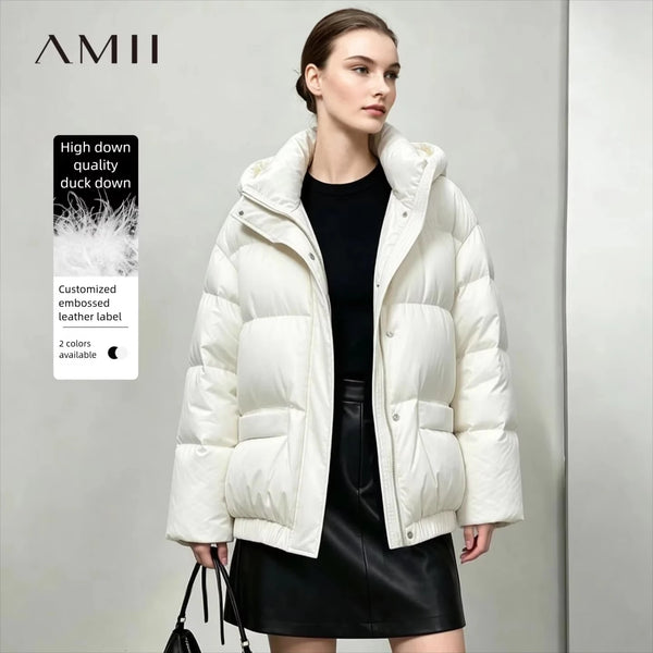 Amii Women's Winter Down Jacket Stand Collar Embossed Hooded Elastic Hem 2026 New White Duck Down Jacket Loose Warm Top 12644027