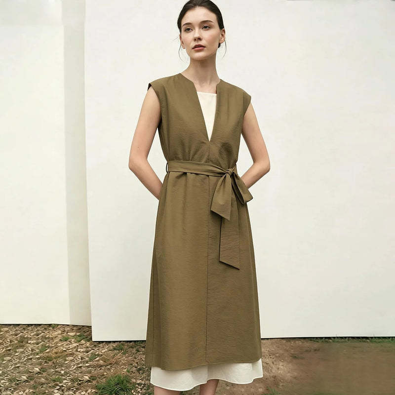 Amii Women's Dress 2026 Summer New Layer Tie Color Block Patchwork Office Lady Midi Dress Loose Shift Woman Clothing 12652053