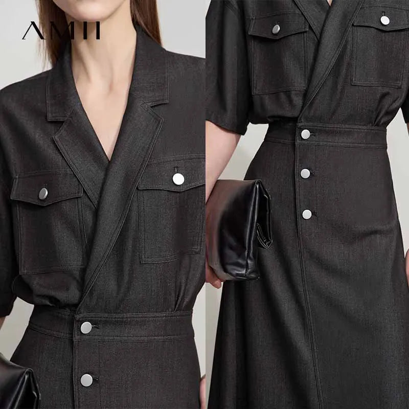 Amii Straight Dress Denim Women 2025 Summer Simple Short Sleeve Office Lady Jean Flip Neck Draped Cool Shirt Dress 12542067