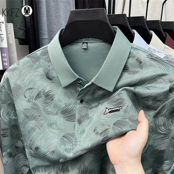 Mens Summer Short Sleeve Polo Top Feather Print Mesh Fabric Turn Down Collar Comfortable Business Casual Shirt