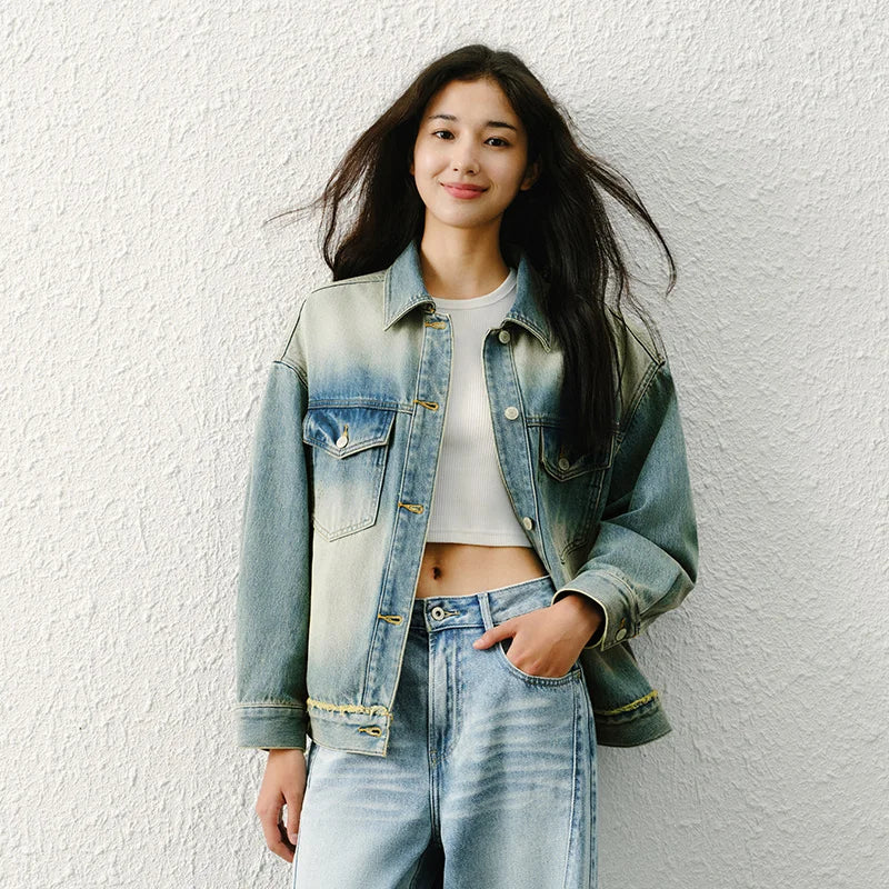 Semir Denim Jacket Distressed Loose DropShoulder Women Spring Casual Fashion Comfort StreetStyle Trend Cozy New 2026