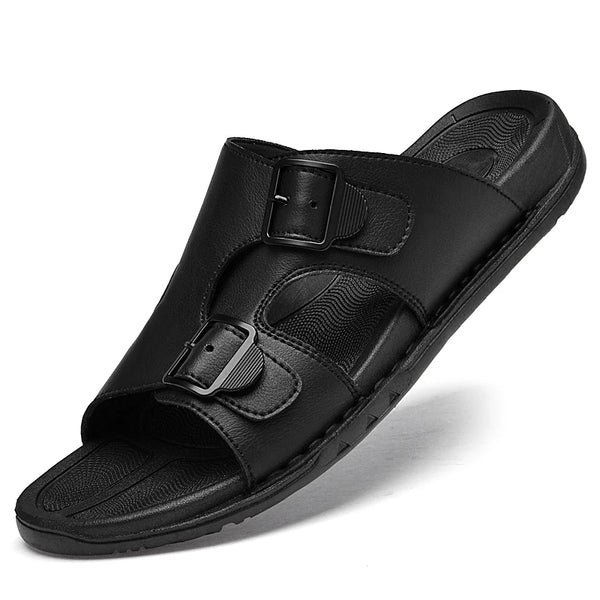 Summer Mens Leather Slippers Men Adjustable Slides Casual Sandals Brown Black Comfortable