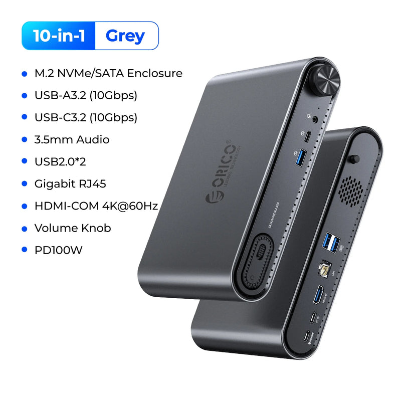 ORICO 10 in1 USB C Docking Dtation with M.2 SSD Enclosure PD100W Charging Ethernet 4K60Hz HDMI-com 3.5mm Audio Volume Control