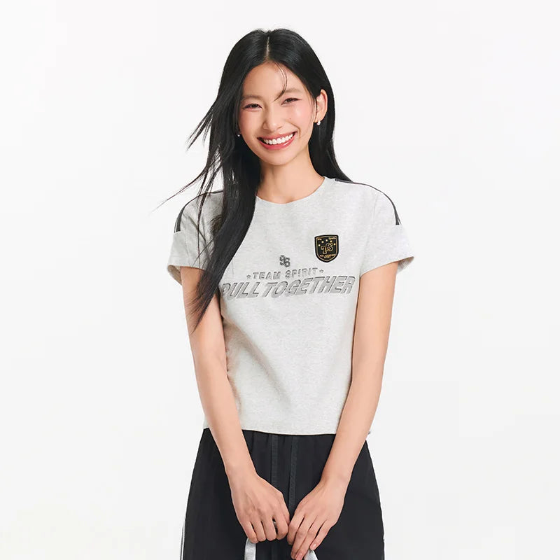 Semir Womens Tshirt 2026 Short Style Slim Printed Regular Shoulder Retro American Sports Style Casual