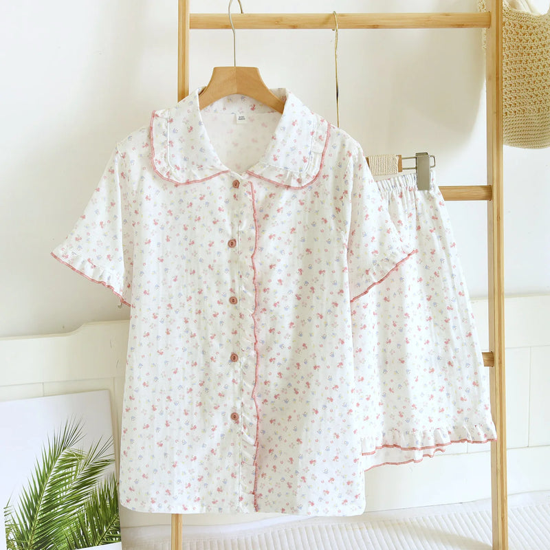 100% Cotton Pyjamas Woman Nightwear Summer Sets Floral Print Short Sleeve Pajamas Sleepwear Women's Loungewear Sleeping Wear