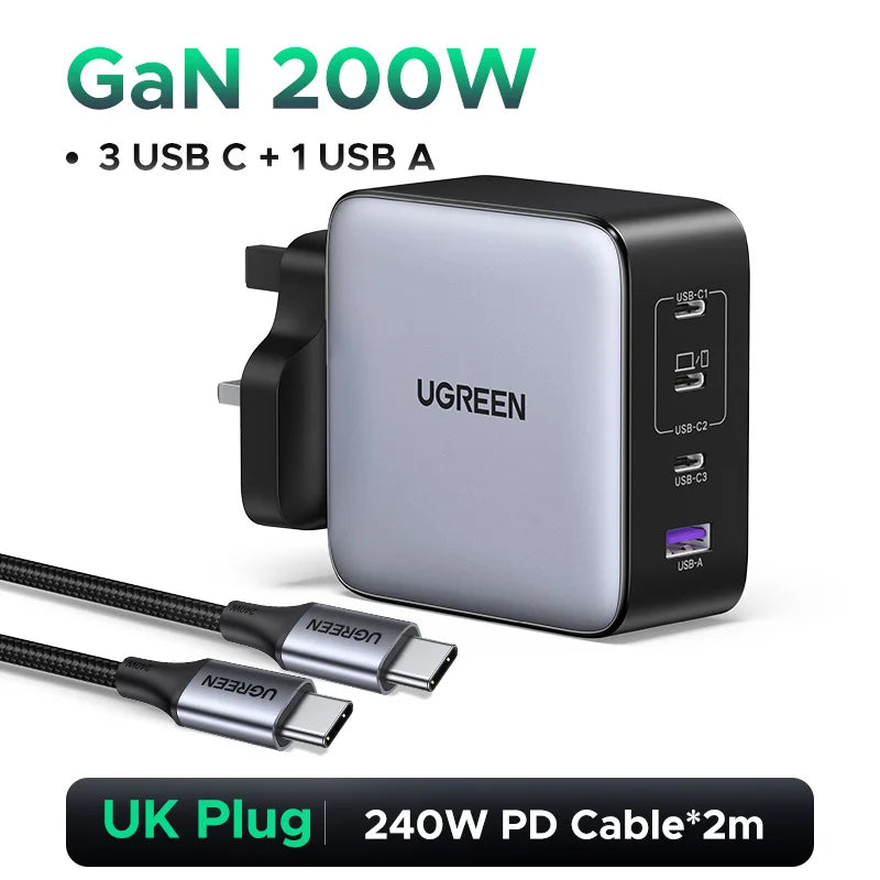 UGREEN 200W Travel GaN Charger PD 3.1 140W QC4.0 3.0 Quick Charge For Macbook Pro Laptops iPhone 18 17 Samsung S26 Xiaomi Tablet