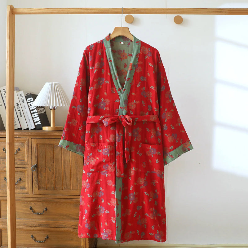 Kimono Robes Women Comfortable Home Bathrobe Spring Autumn Women's Sleeping Robe 100% Cotton Gauze Floral Printed Home Wear