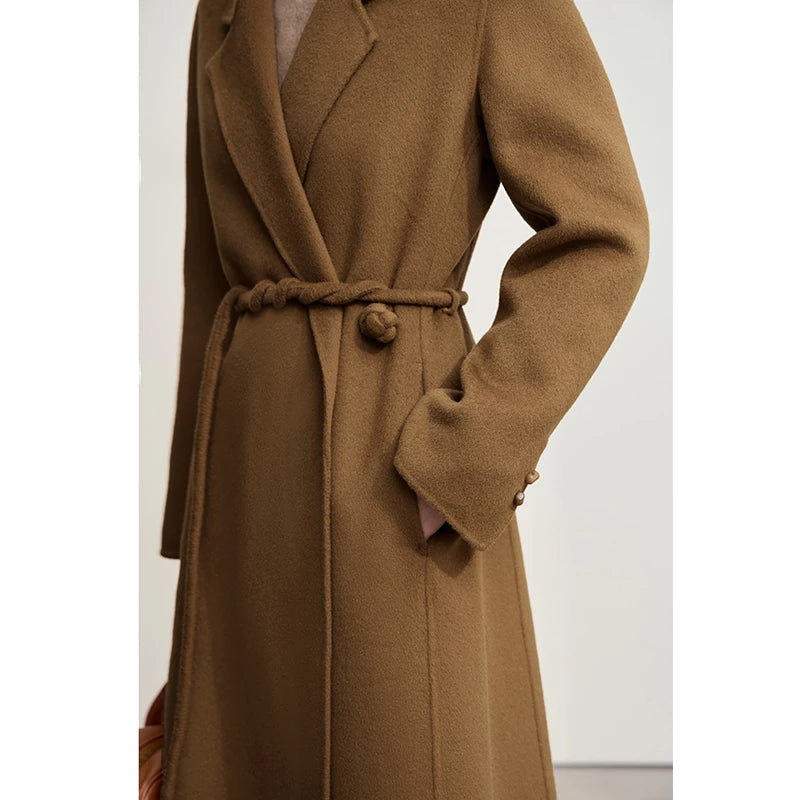 AMII Women's Woolen Coat 2026 Winter New Versatile Long Coats For Women With Belt 100% Wool Double-sided Tweed Jacket 12544044