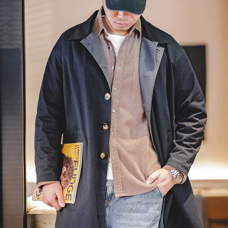 អាវធំ Maden Casual Balmacaan Trench Coat រាងរលុងពណ៌បៃតង Windbreaker Heavyweight Twill Vintage Long Jackets សម្រាប់រដូវស្លឹកឈើជ្រុះ និងរដូវរងារបស់បុរស