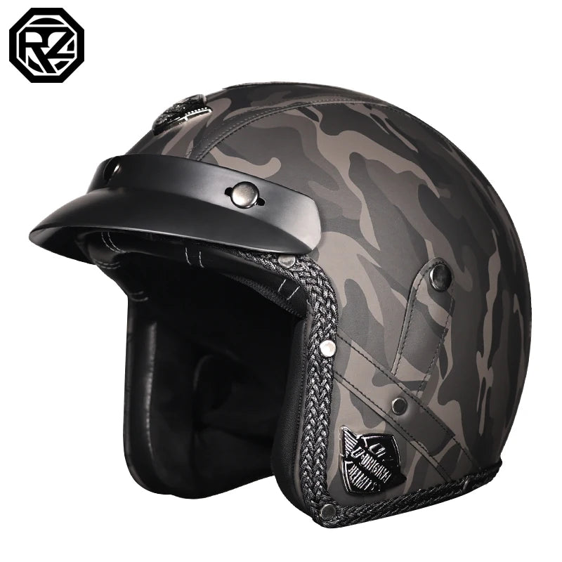 PU leather retro coffee shop racing 3/4 jet exposed motorcycle helmet, adult men's and women's cruiser scooter half helmet