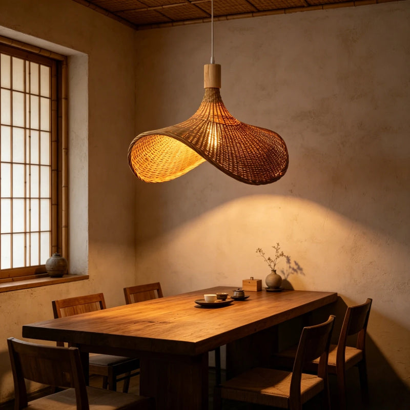 JOYINLED Chinese Style Bamboo Chandelier Rustic Handmade Woven Pendant Lighting for Kitchen Island Farmhouse Dining Room Lamp
