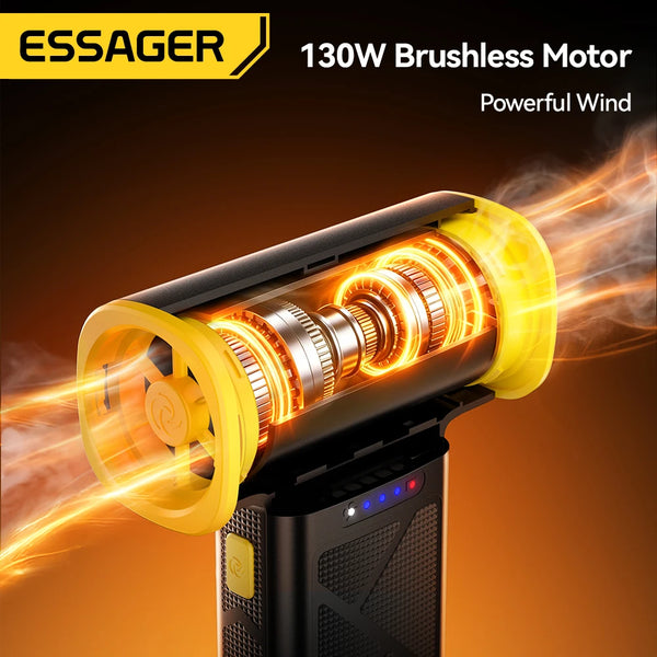 កង្ហារខ្យល់ Essager 130W កម្លាំងខ្យល់ 120000RPM ចល័តល្បឿនលឿន មានថាមពលខ្លាំង ជាមួយថ្ម 5000mAh សម្រាប់សម្អាតកុំព្យូទ័រ ឡាន និងផ្ទះ