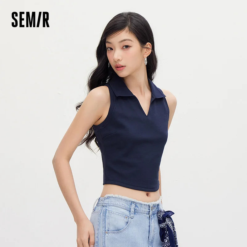 Semir Women Tank Top Polo Collar Slim Solid Cropped Tank 2026 Summer Simple Casual