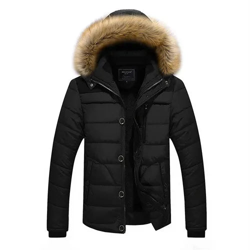 Men's Winter Black Hooded Parkas Jacket, Fake Fur Collar Thick Coats, Fashion Warm Outerwear Male Overcoat Blue Red Jaqueta