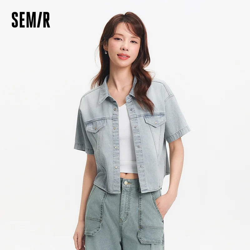 Semir Women Shirt Denim Short Length Loose Drop Shoulder Slit Slim Fit Cool Petite Street Style Top 2026 Summer Fashion Casual W