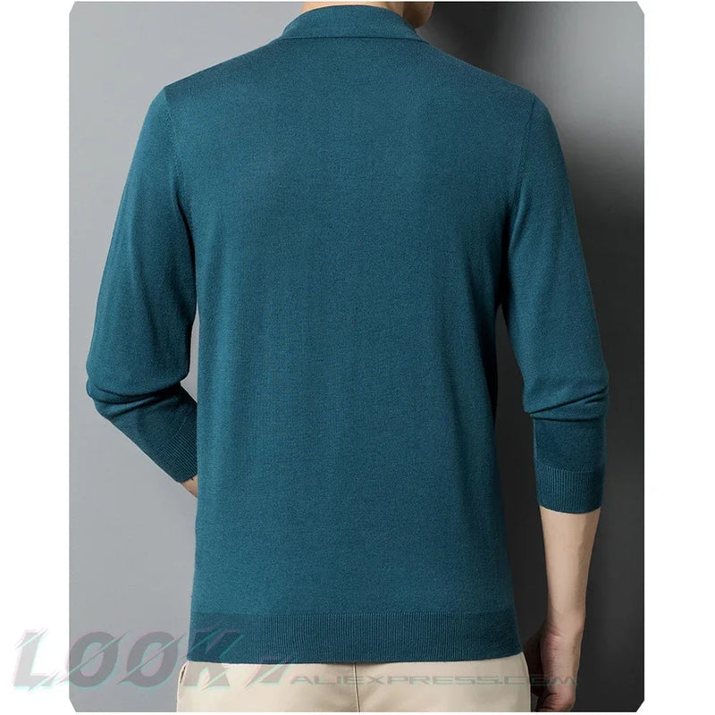 Men's Autumn Long-Sleeved Wool Blend Solid Color Polo Pullover Sweater with Lapel, Casual Bottoming Sweater -Sizes M-4XL
