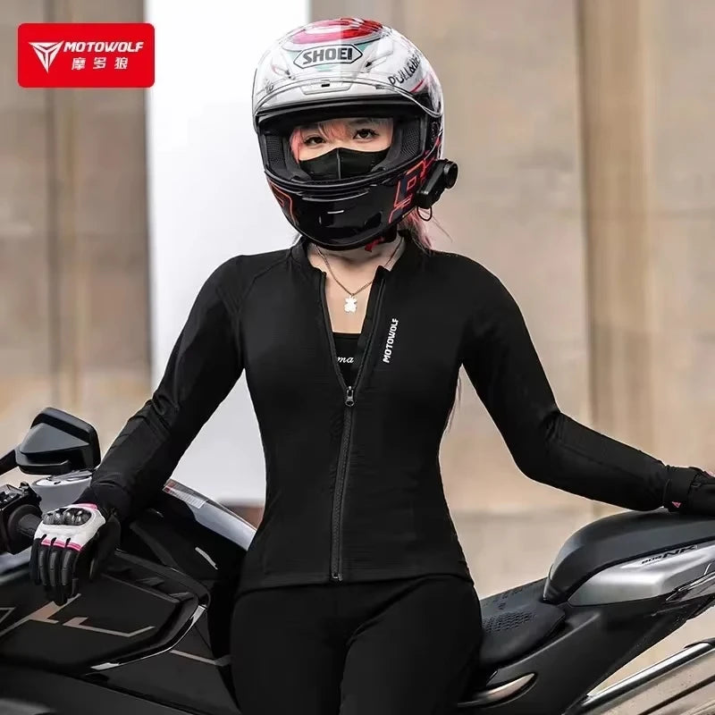 អាវក្រោះម៉ូតូ Motowolf សម្រាប់ស្ត្រីបួនរដូវ ធ្វើពីសំណាញ់ ដែលអាចដកដង្ហើមបាន អាវក្រោះការពារខ្លួន ធន់នឹងខ្យល់ ធន់នឹងការពាក់ ស្ងួតលឿន បញ្ជាក់ដោយ CE