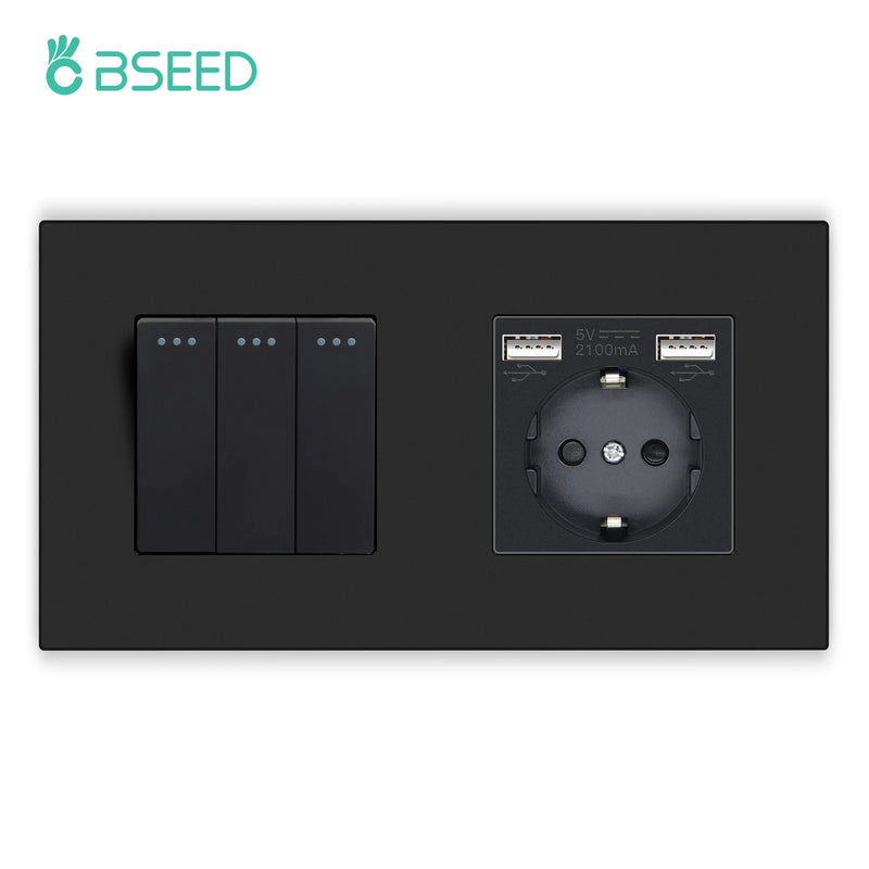 BSEED Mechanical Button Switches With Power Socket 1/2/3Gang 1Way Plastic Panel Electrical Outlets USB Type-C Wall Socket 16A
