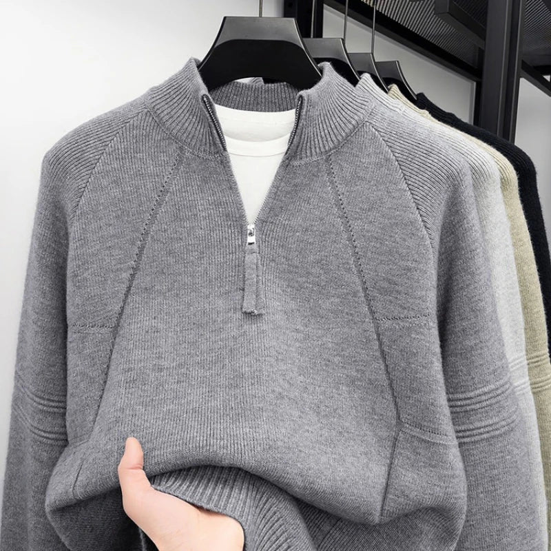 Men's 850g Thickened Semi-Zip Knit Sweater - Light Gray (Green/Charcoal/Black) S-XL Thick Knit Half High-neck Pullover