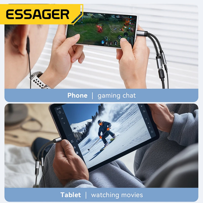 Essager 2 in 1 Type C to 3.5mm AUX Cable Headphone Adapter PD 60W សាកថ្មលឿនសម្រាប់ iPhone 16 15 Samsung Xiaomi 14 13 Tablet PC