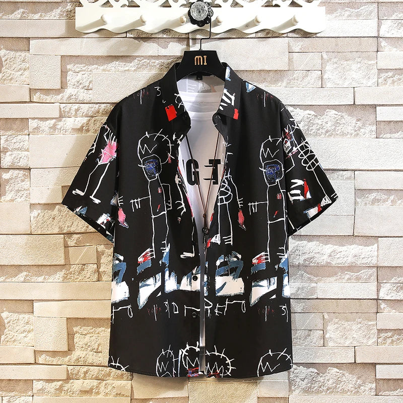 2026 Summer Men's White Short Sleeve Printed Shirt, Beach Vacation Shirts, White Black Gray Green Blue Loose Top, 2025 New