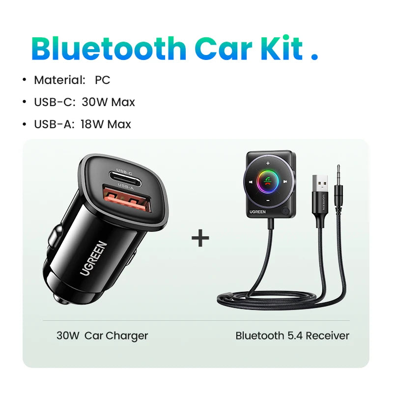 UGREEN Bluetooth 5.4 Car Receiver Adapter with Mics and Noise Cancellation, USB AUX Bluetooth Receiver Car Kit Stereo Audio