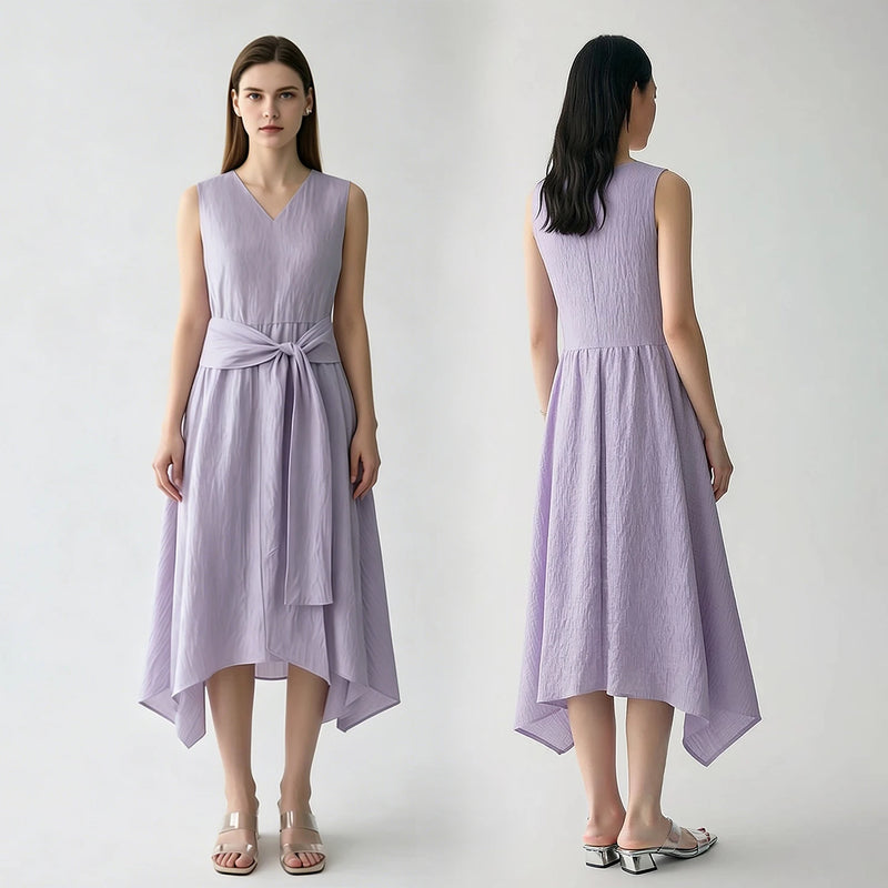 Amii 2026 Summer New Women Sleeveless Dress A-Line V-Neck Tie Waist Crinkled Texture Asymmetrical Hem Casual Midi Dress 12652074