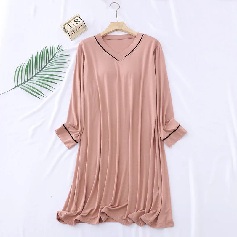 New Comfortable Modal Nightgowns Women Chest Pad Long-Sleeved Nightdress Spring Sleeping Dress Casual V Neck Ladies Nightshirt