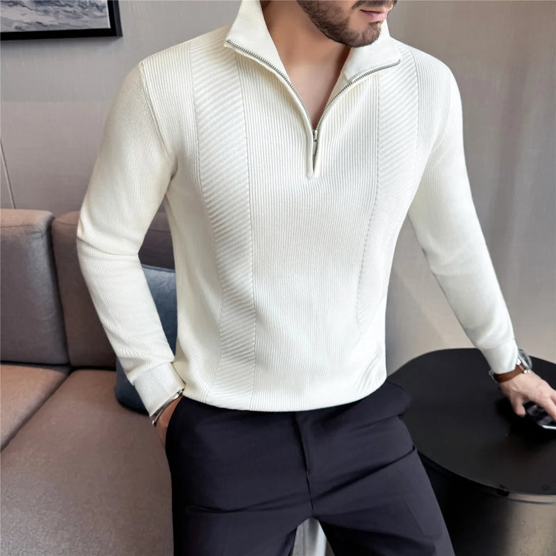 Men's Semi-Zip Knit Sweater - White (Gray/Black)  Winter Weight Fabric Fashionable Semi-High Neck Daily Wear