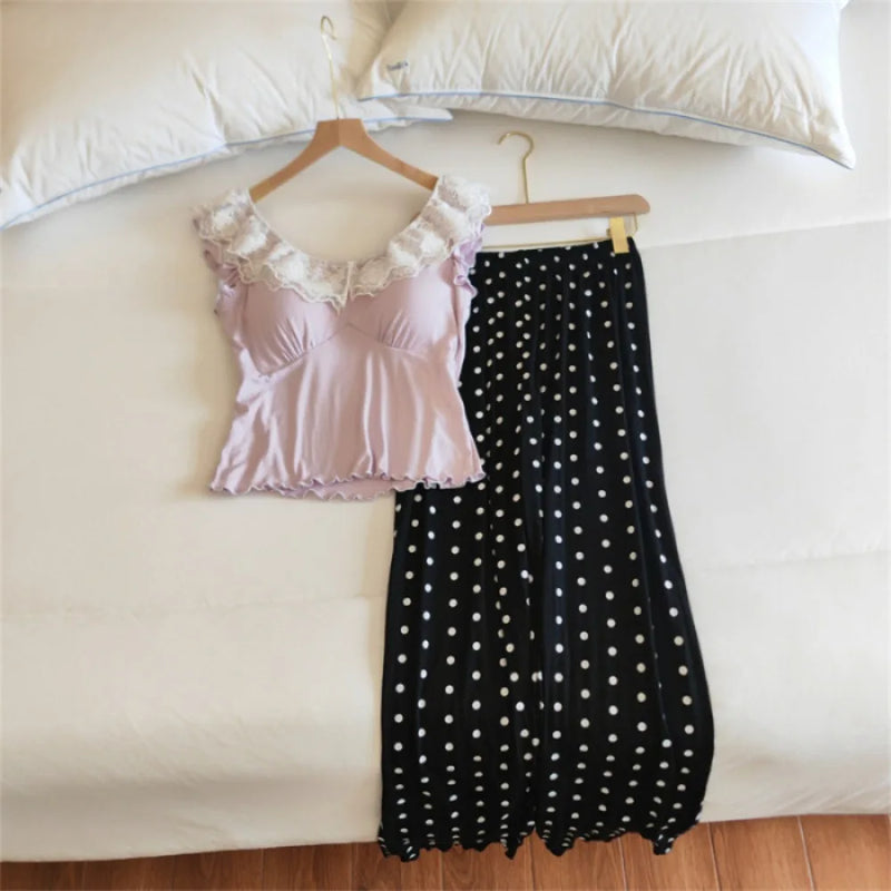 Chest Pads Summer Pajamas Set Soft Sleepwear Lounge Wear Sleeveless 2 Piece Loungewear Suit for Home Wear Pijama Woman Clothes