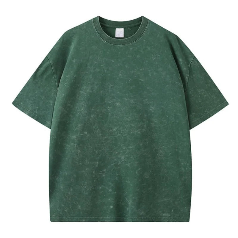 American Style Retro Washed Snowflake Short Sleeve round Neck T-Shirt Large Size Bleach Stain  Heavyweight Summer Top