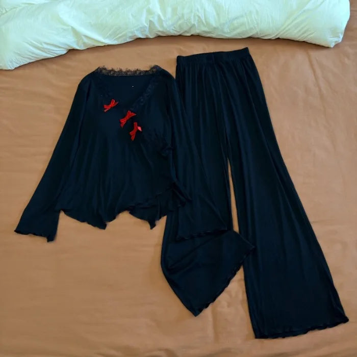 Spring Autumn Long-sleeved Trousers Sleepwear Women Thin Chest Pad Pajamas Homewear Elegant Two-Piece Set Women’s Loungewear