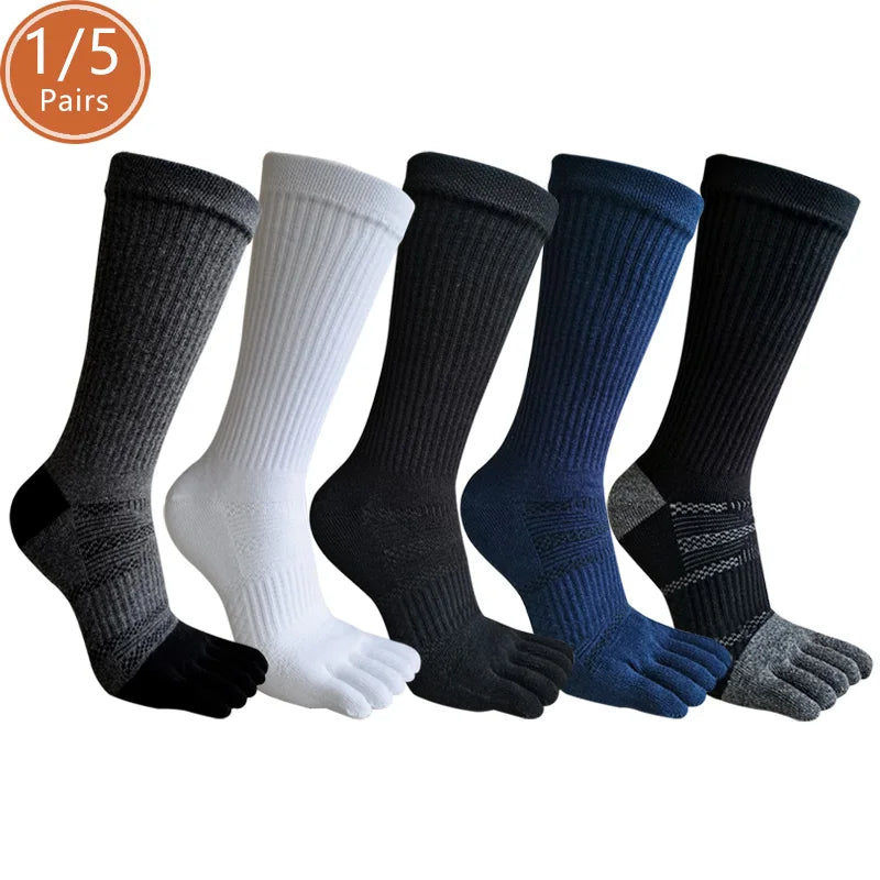 WRELS 1/5 Pairs Compression Five-Toe Socks Breathable Sports Toe Socks Women Men Cushioned Moisture-Wicking Running Crew Socks