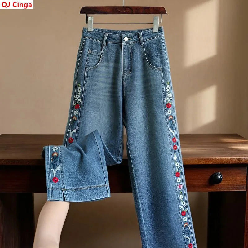New Fall Women's Blue Wide-Leg Jeans with Embroidery, Asian Sizes, Denim Pants. 2026-2027