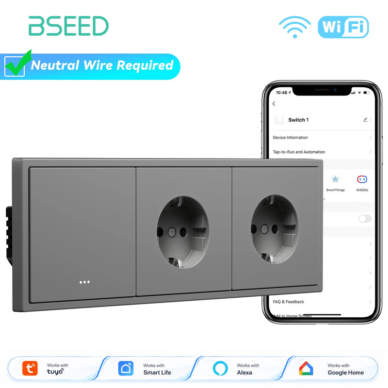 BSEED E Series 1/2/3/4Gang 2Way WIFI Light Switch Smart Click Button Switch Plastic With EU Power Socket Tuya Smart Life Control