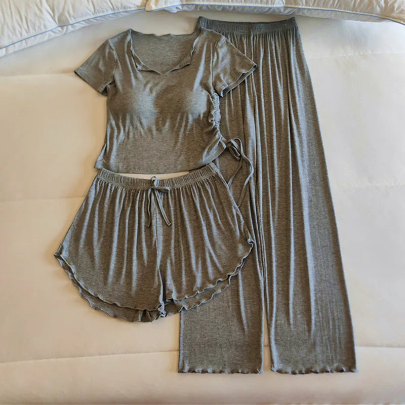 Korean Reviews Many Pajamas Chest Pad Short Sleeve Shirt Three Pieces Set Modal Spring Summer Sleepwear Women Home Wear Pyjamas