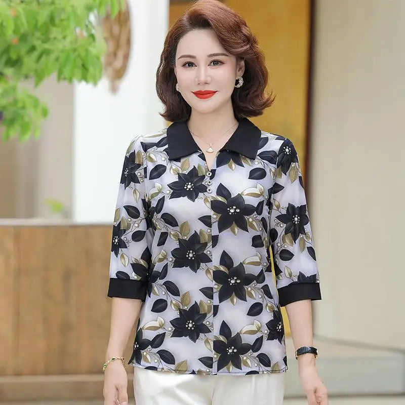 អាវសូត្រទឹកកកសម្រាប់នារី កអាវបើកចុះ រចនាបថម៉ាក់រដូវក្តៅ អាវសូត្រទឹកដោះគោផ្កា អាវយឺតសម្រាប់វ័យកណ្តាល