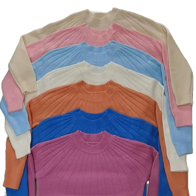Vertical Strip Autumn Winter Lazy Wind Round Neck Pullover Women's Bottoming Shirt Loose Jumper Ladies Pull Knitted Sweater