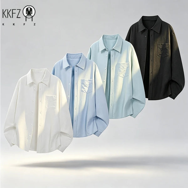 Mens Simple Button Front Long Sleeve Shirt Turn Collar Single Pocket Loose Oversized Fit Daily Outer Garment