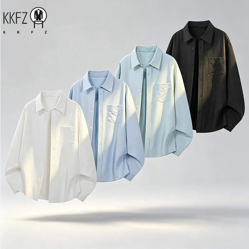 Mens Simple Button Front Long Sleeve Shirt Turn Collar Single Pocket Loose Oversized Fit Daily Outer Garment