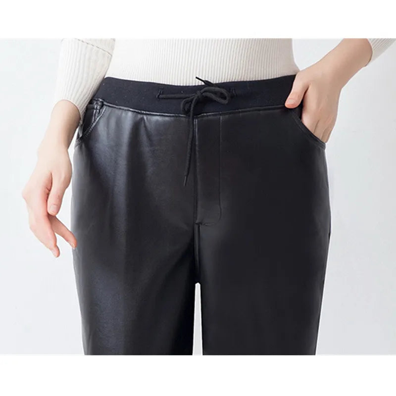 2026 Spring Women's Black PU Straight Pants, Fashion Casual Trousers Women, Asian Size Winter Padded Models Can Be Selected