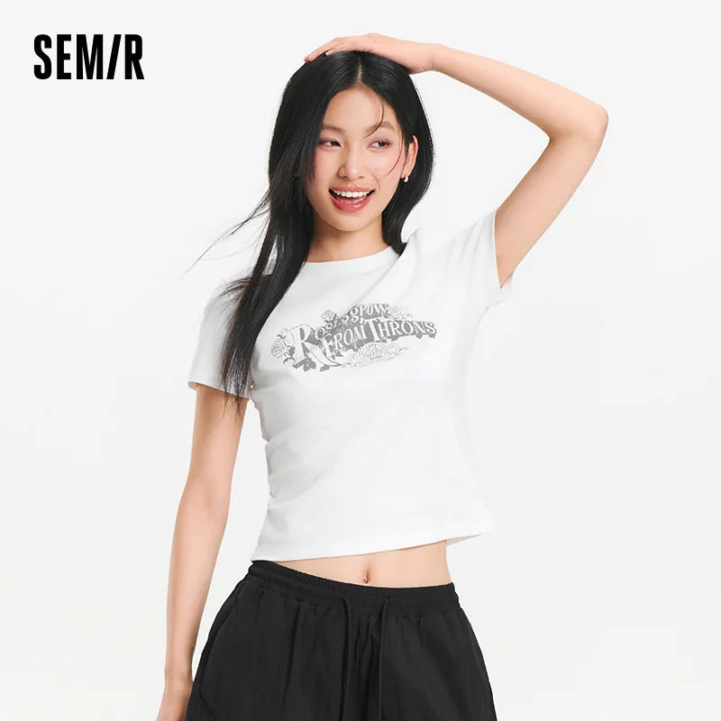 Semir Womens Tshirt 2026 Vintage Washed Printed Slim Regular Shoulder Retro American Style Casual Soft