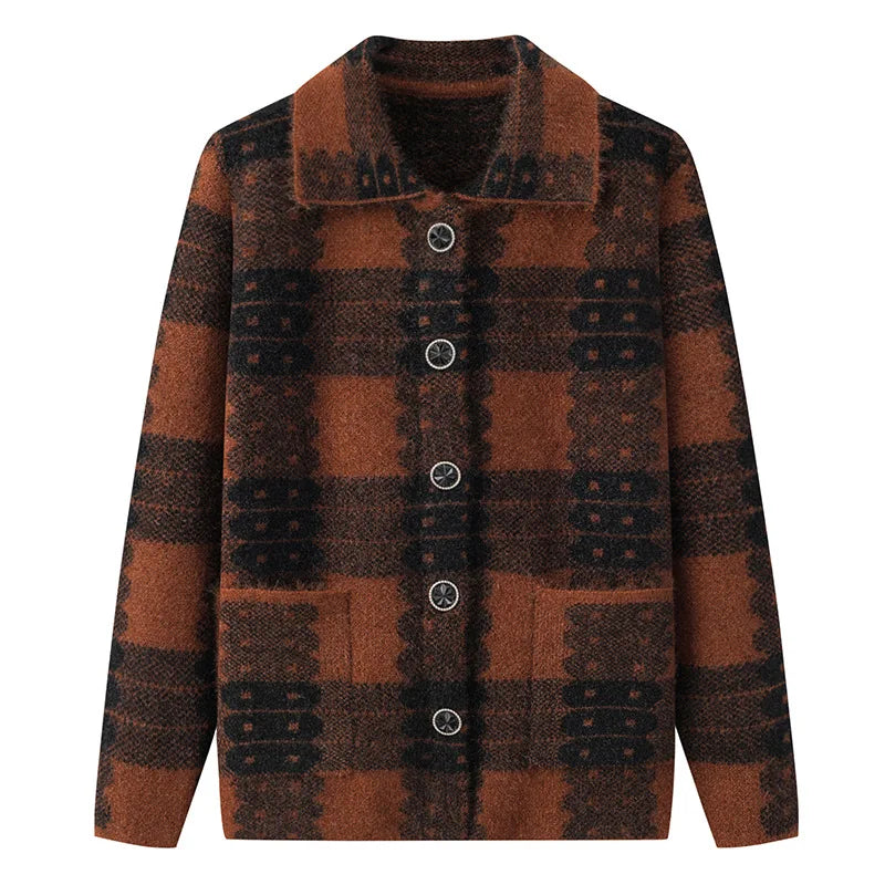 Casual Plaid Autumn Winter Clothes Middle Aged Mother Sweaters Knitwear Tops Thicken Grandma Warm Woolen Coat Women Cardigan