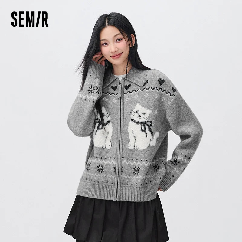 Semir Women Knit Cardigan Turn Down Collar Oversized Fit Geometric Jacquard 2026 New Winter Daily Wear Urban Casual Style